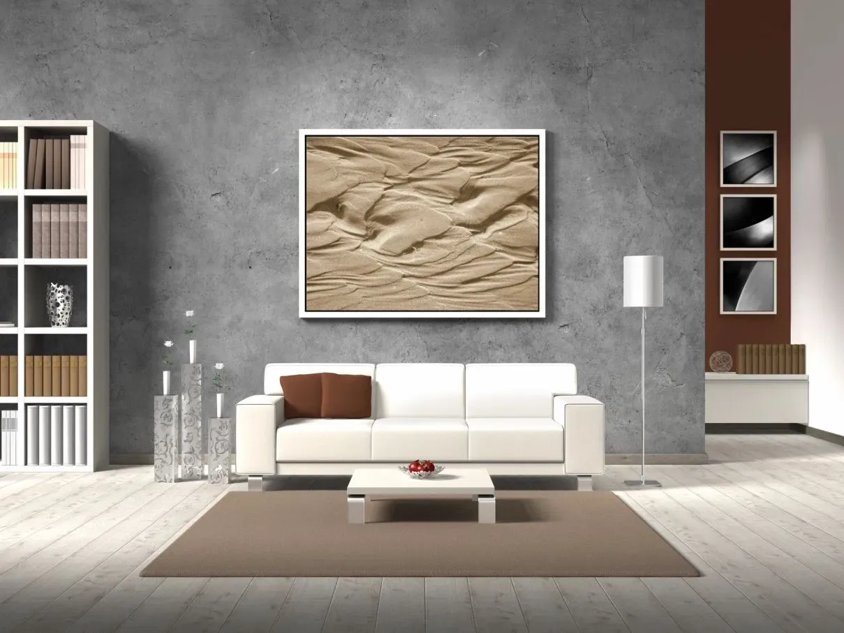 3D interior rendering of a modern living room with sand art